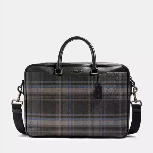 Coach Handbags - Coach Signature Canvas Plaid Print Beckett Slim Leather Briefcase